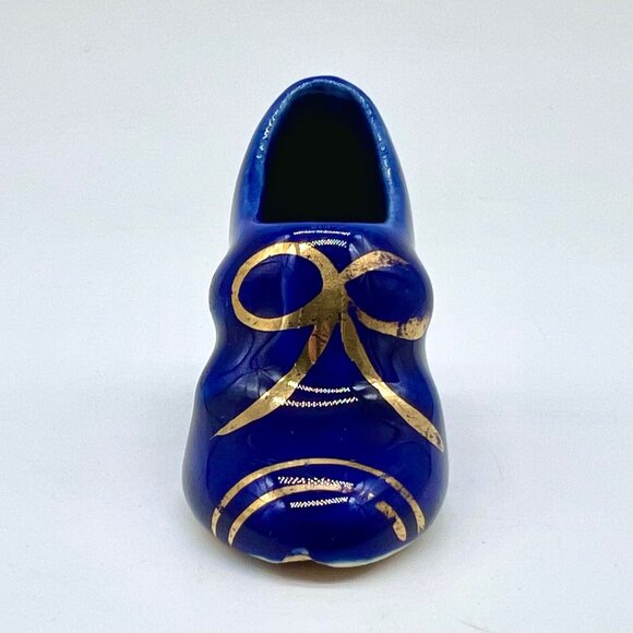 Vintage Blue Miniature Ceramic Shoe Figurine with Gold Bow Accents - Picture 3 of 8